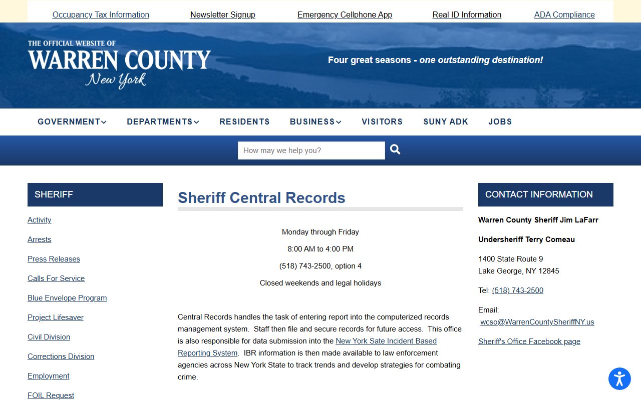 Warren County Central Records page for jail inmate records requests