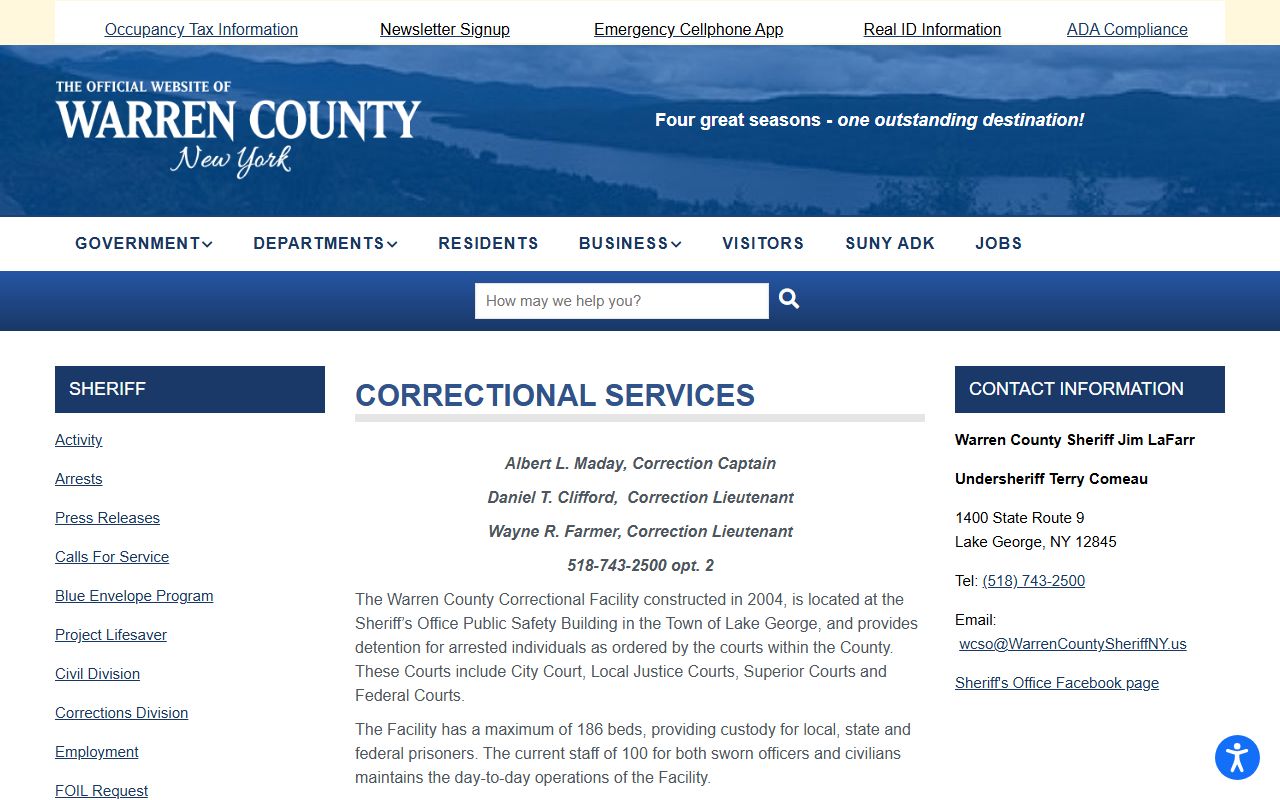 Warren County Corrections page for inmate population and custody details