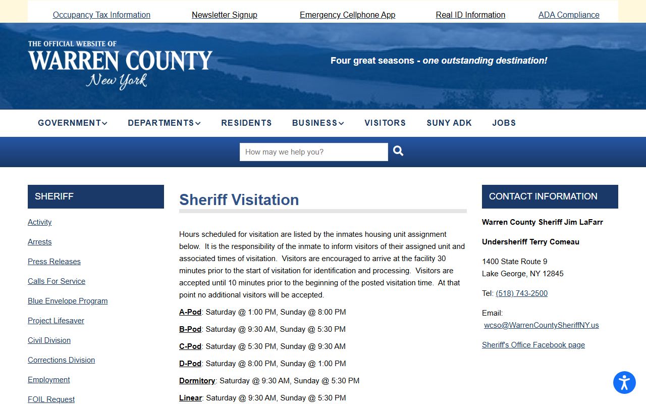 Warren County Correctional Facility visitation schedule by housing unit