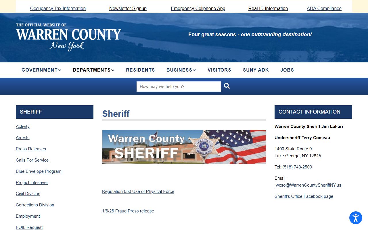 Warren County Sheriff page for inmate records and jail contacts